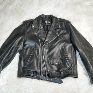 First Manufacturing Black Genuine Buffalo Leather Biker Motorcycle Jacket size L